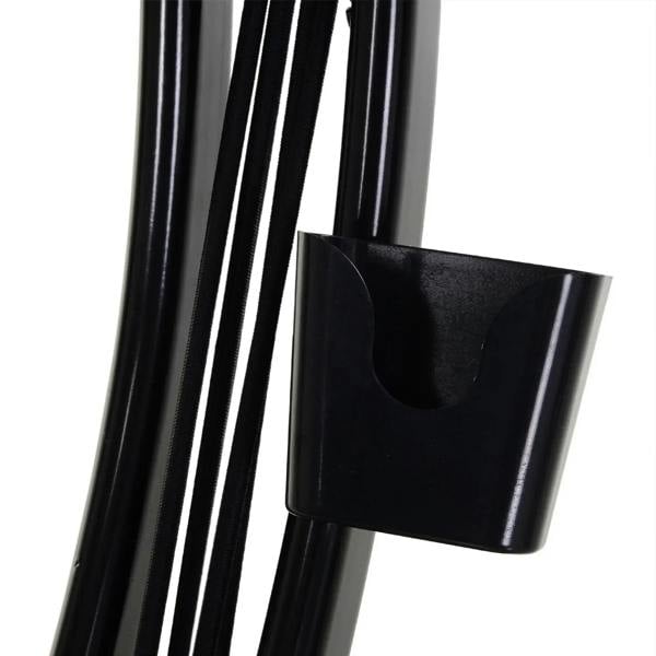 Close-up of black bike frame support bracket and textured handle