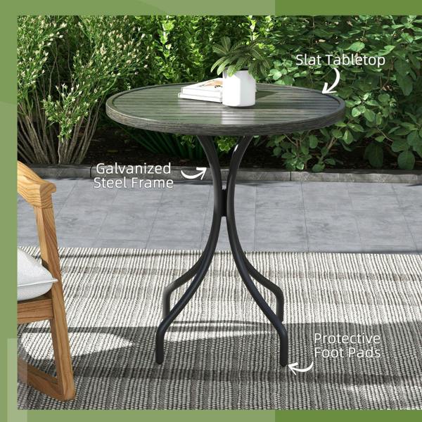 Small round grey garden table with slatted top and curved galvanized steel base