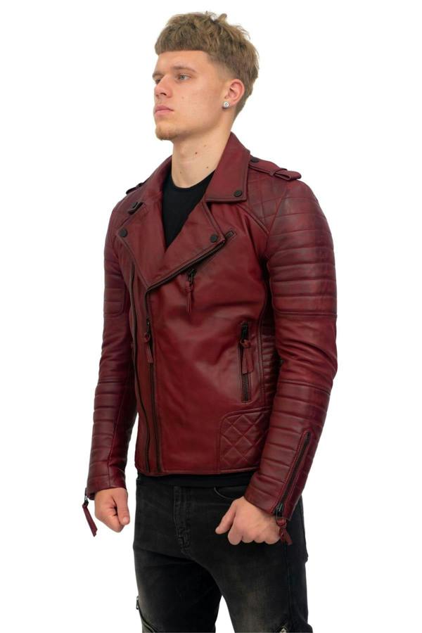 Infinity Leather Mens Slim-Fit Double Zip Brando Leather Biker Jacket-Cairo