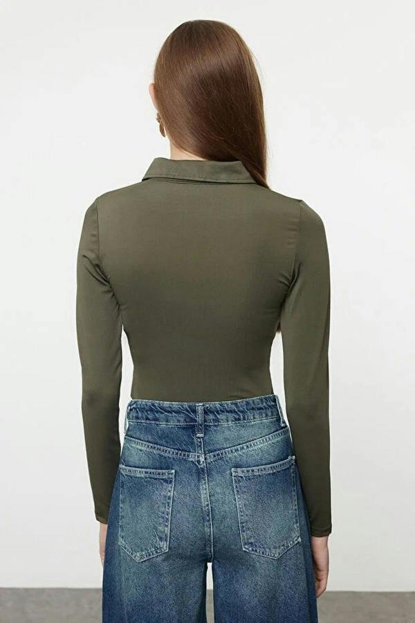 WOVCOR Zipper Collar Detailed Knit Bodysuit