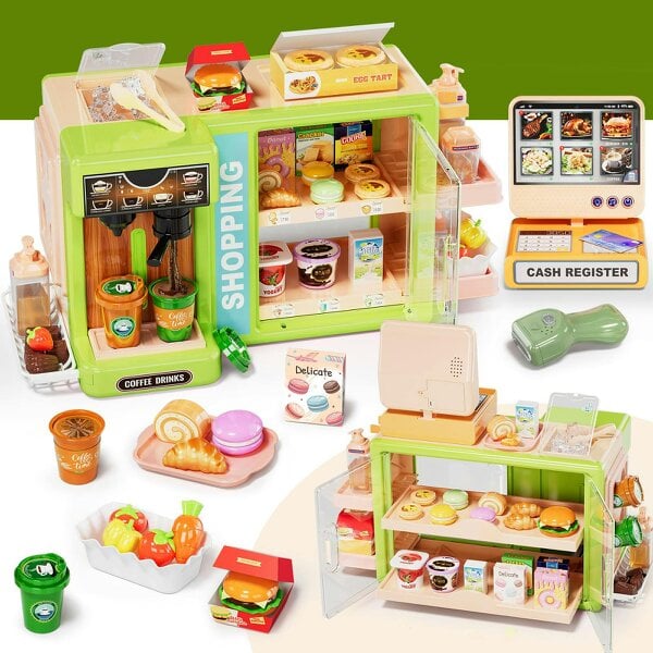 deAO Toys  Kids Supermarket Playset with Cash Register & Coffee Maker Pretend Grocery Store Toy with Accessories(Green)