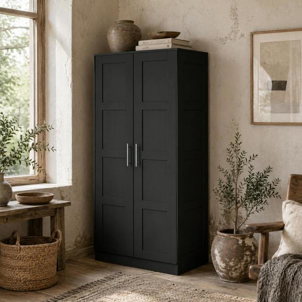 Wyld Haus Corarani Wooden Black 2 Door Wardrobe With Hanging Rail Internal Shelving
