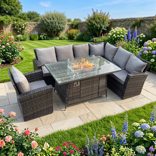 Fimous 7 Seater Rattan High Back Corner Sofa Set with Gas Fire Pit Dining Table & Chair - Dark Grey Mixed