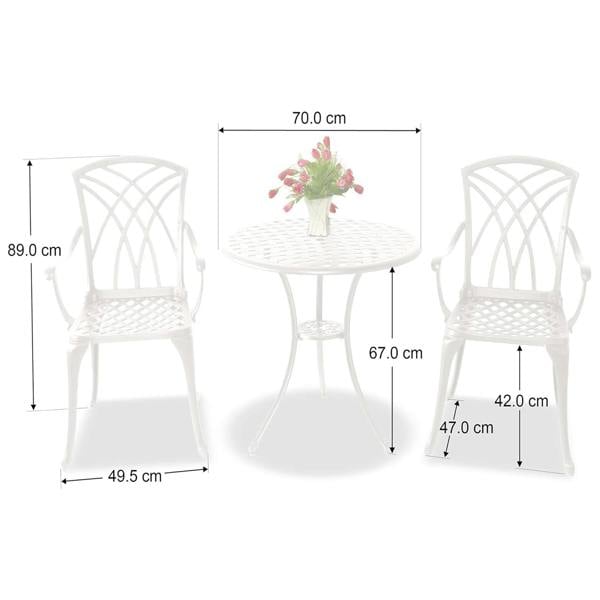 Homeology OSHOWA White Aluminium Weatherproof Outdoor Table and 2 Comfortable Chairs with Armrests Bistro Set with Green Cushions