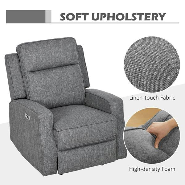 Charcoal grey upholstered electric recliner with linen-touch fabric and padded seat