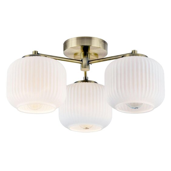 Happy Homewares Modern Antique Brass Semi Flush Ceiling Light with Ribbed Glass Shades