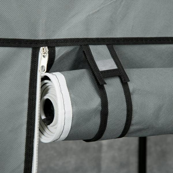 Dark grey fabric wardrobe door zipper and strap loop detail on non-woven cover
