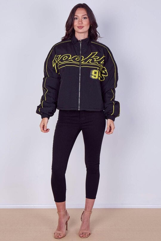 Elaina Fashion Oversized Slogan Zip-Up Racer Bomber Jacket