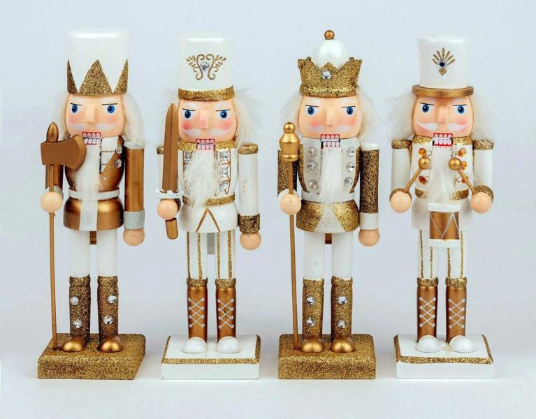25cm Wooden Nutcracker Soldier Christmas Ornament Set of 4, Gold Hand-Painted Standing Decorations image 6