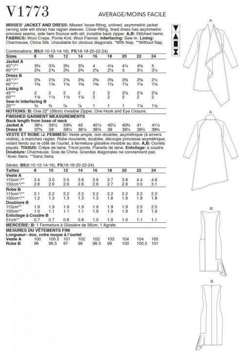 Vogue Sewing Pattern 1773, Jackets, Dresses for Women, B5 (8-10-12-14-16) - Intermediate