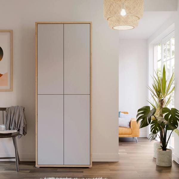 Furniture To Go Alice Springs Shoe Cabinet with 4 Doors Push-to-Open in Artisan Oak and Light Grey Doors