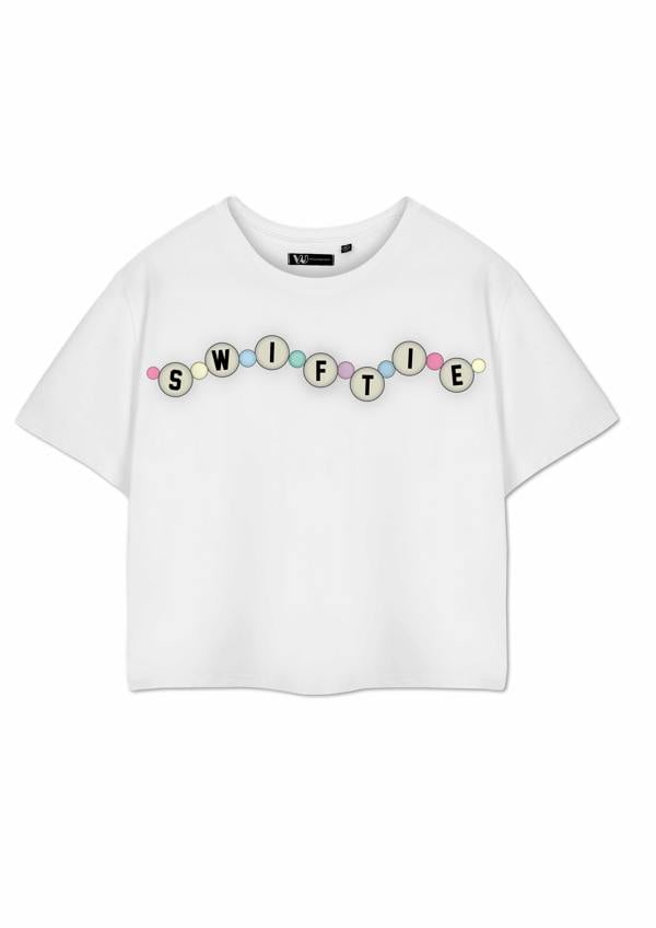Show Me The Merch Womens White Friendship Bracelet Cropped Short Sleeved T-Shirt