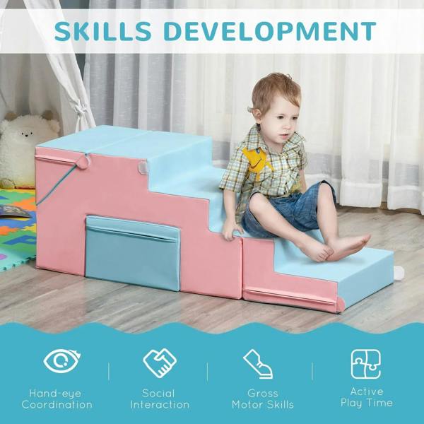 Child sitting on pink and blue foam climber steps; indoor play set