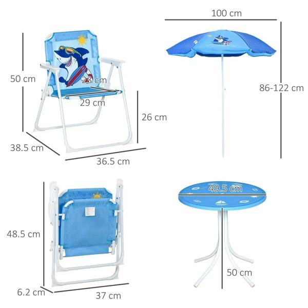 Kids blue bistro table with shark sun umbrella and two matching folding chairs