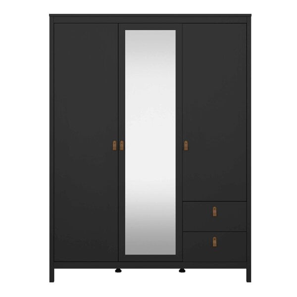Wyld Haus Wildberry Matt Black Mirror Wooden Wardrobe 2 Doors 2 Drawers Leather Handles