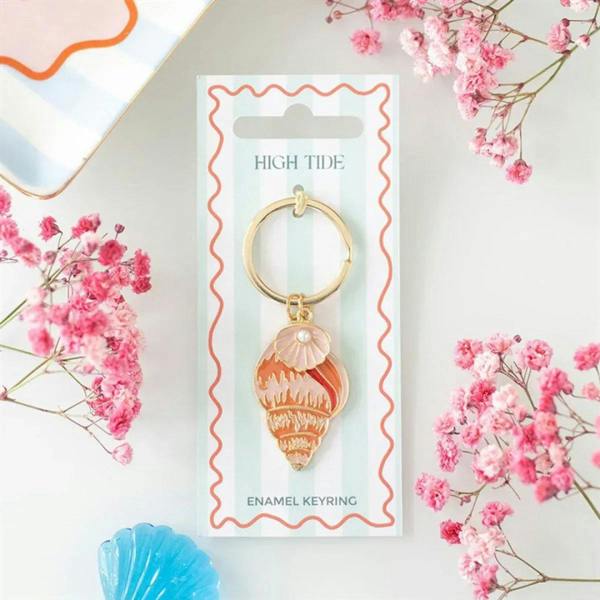 Gold-tone shell enamel keyring with ring and scallop flower charm