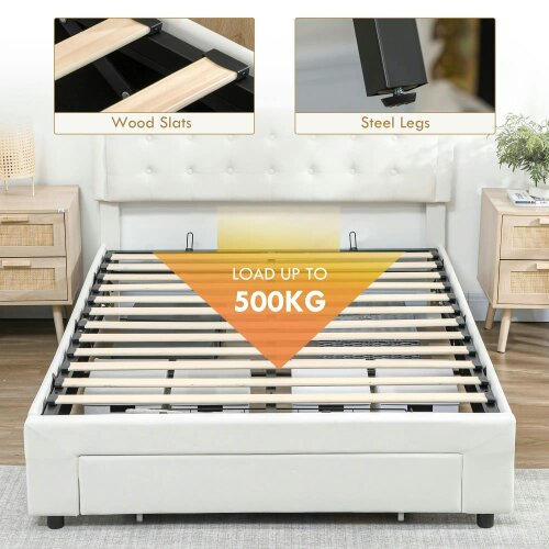 Wyld Haus Double 4FT6 Ottoman Bed Frame with Front Divan Drawer Storage Cream
