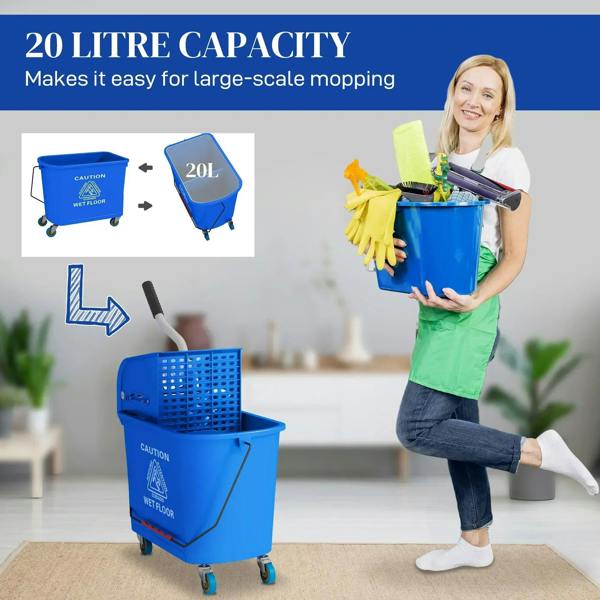 Blue 20L mop bucket with wheels and wringer basket on top, with water-separation divider