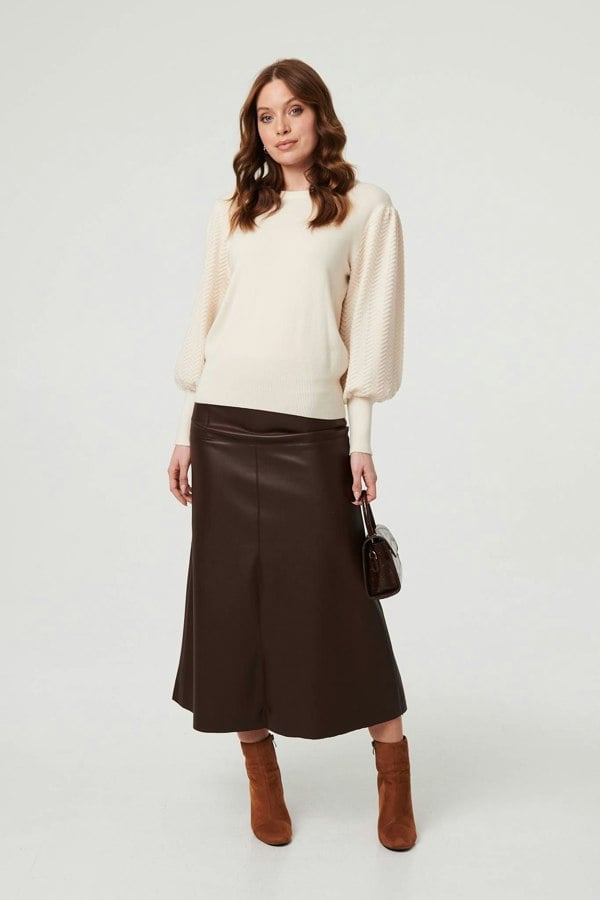 Beige | Chevron Texture Balloon Sleeve Jumper
