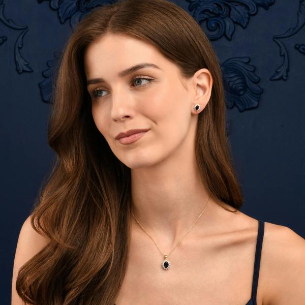 namana Gold Plated Sterling Silver Blue Cubic Zirconia Oval Halo Pendant Necklace