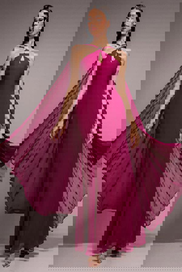 Multiway Cape Chiffon With Embellished Trim Maxi Dress - Magenta DR4924