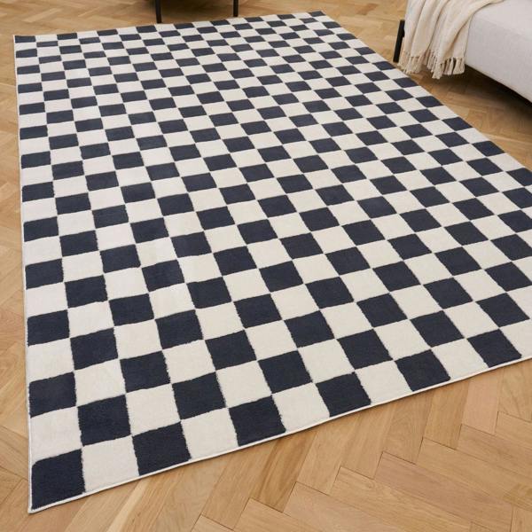 Checkered black and white rug on a wooden floor
