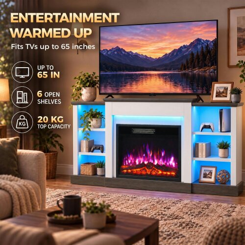 HOMCOM Electric Fireplace TV Stand 138cm, LED Strips, 12 Flame/Ember Colour