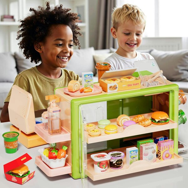 deAO Toys  Kids Supermarket Playset with Cash Register & Coffee Maker Pretend Grocery Store Toy with Accessories(Green)