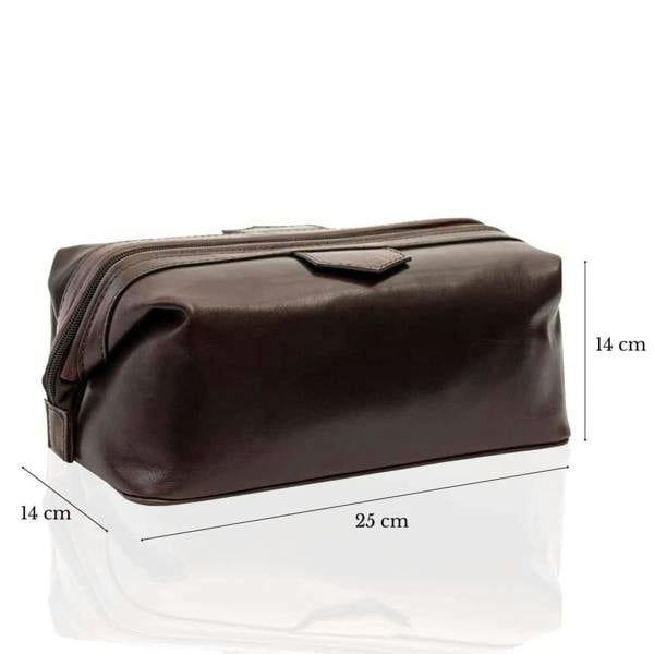 Top view of Brown leather washbag on a white background