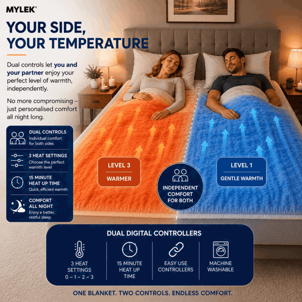 Mylek Electric Blanket Double Bed Premium Fleece Underblanket Dual Control with Elasticated Skirt