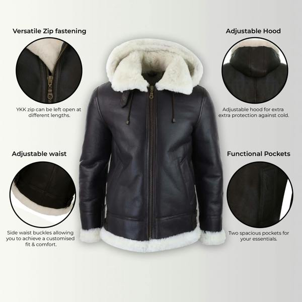 Infinity Leather Mens Hooded Sheepskin Leather B3 Flying Jacket-Harwich