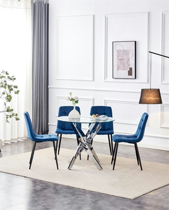 Kosy Koala Dining Table and 4 Chairs Round Glass Table 4 Blue Velvet Chairs Dining Set