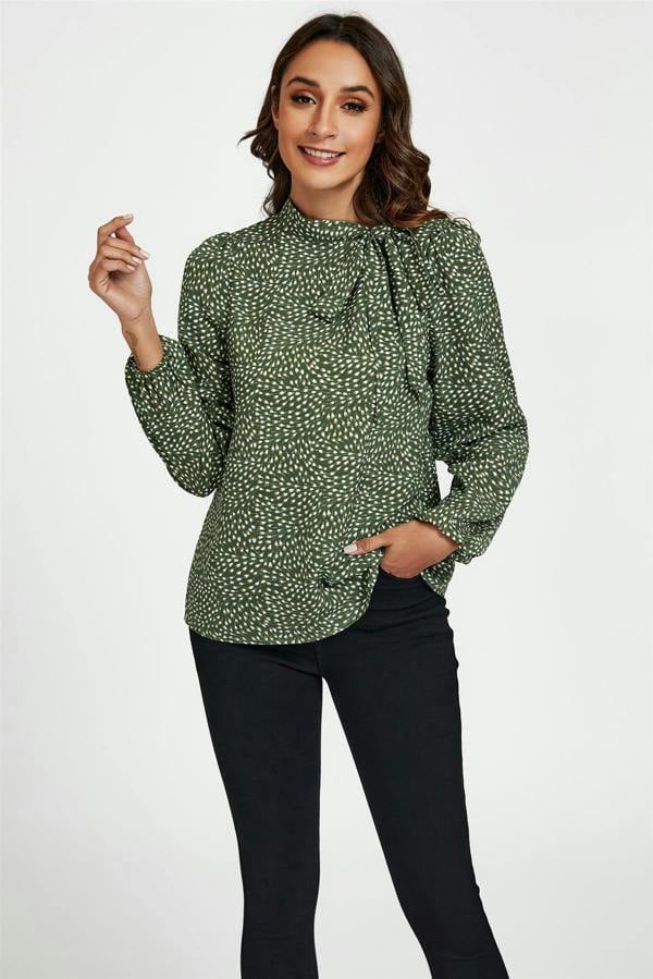 FS Collection Floral Print Side Tie Blouse Top In Olive