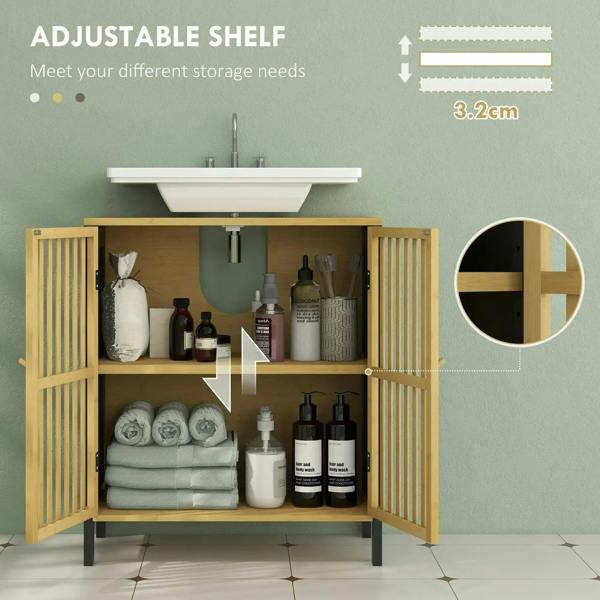Under sink cabinet open with adjustable shelf, bamboo frame, slatted doors, natural wood finish