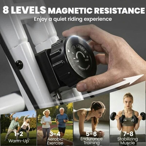 4-In-1 Folding Exercise Bike with Resistance Bands, Bluetooth App, 8-Level Magnetic Resistance, LCD Display, Pink