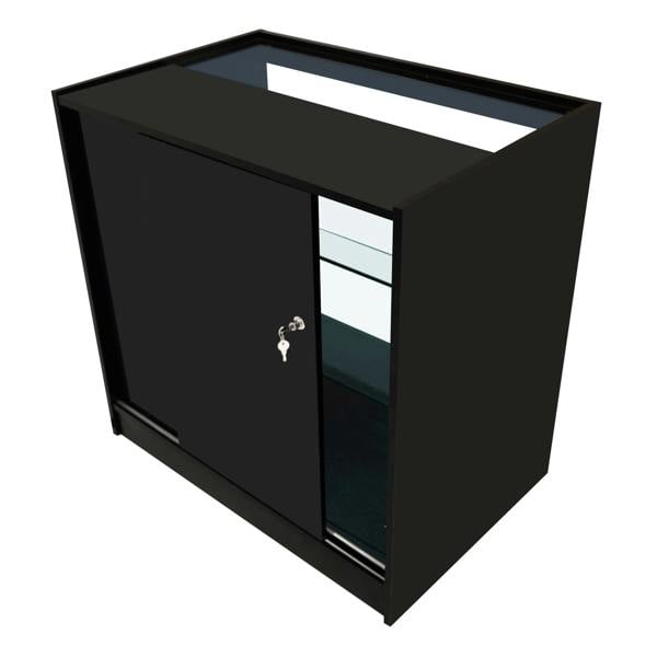 Black Theia LED shop counter set featuring sleek design, glass shelves, and a secure sliding door for display and storage