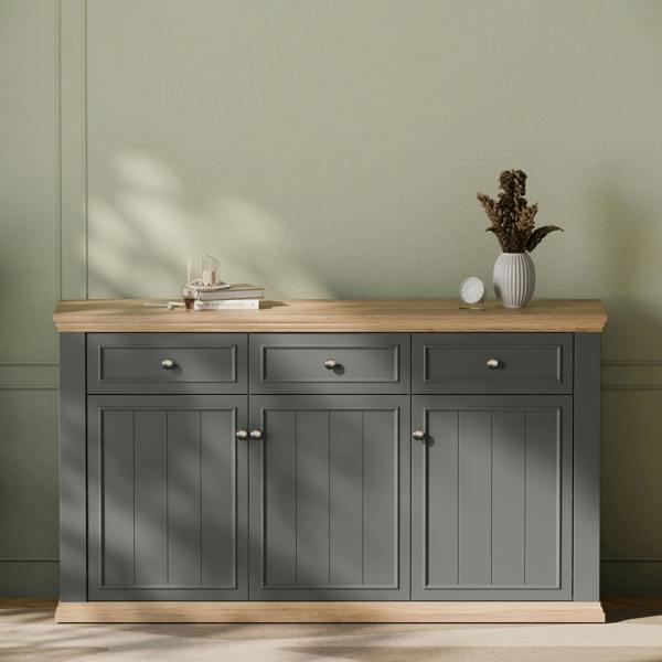 Furniture To Go Pontypool 3 Drawer & 3 Door Sideboard in Grey and Mauvella Oak