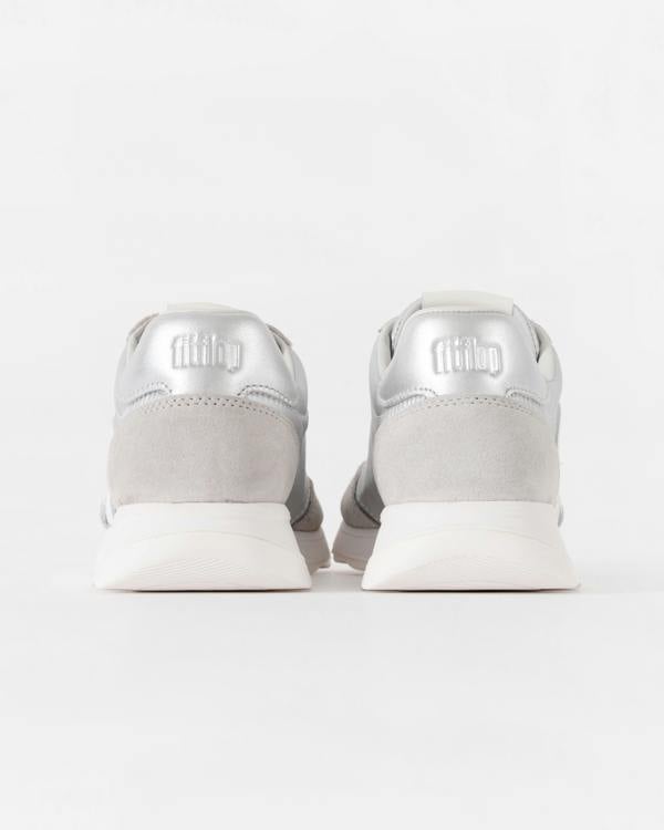 FitFlop Womens Retro-Q FF Metallic-Fabric/Suede Trainers - Silver/Urban White E11