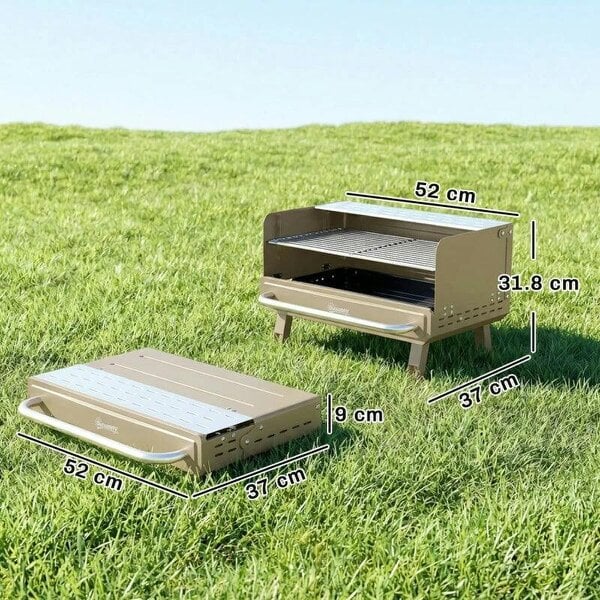 Bobobiy Portable BBQ Grill, Charcoal Barbecue Grill with Adjustable Grates, Foldable Legs, Side Shelf for Camping Travel, Khaki