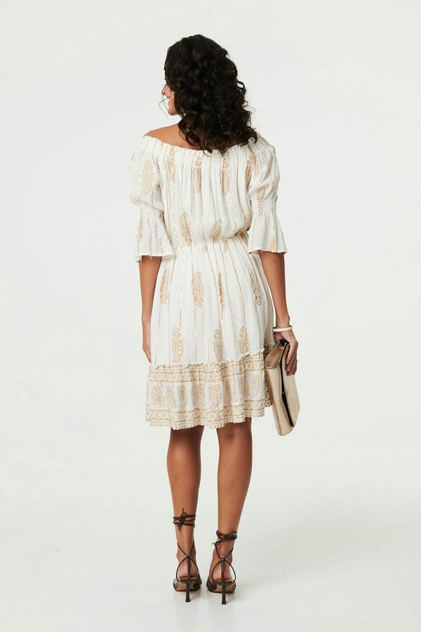 Cream | Ikat Print Knee Length Bardot Dress
