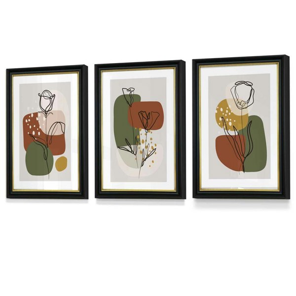 Artze Wall Art Floral Set of 3 Autumn Boho Framed Prints in Orange and Green