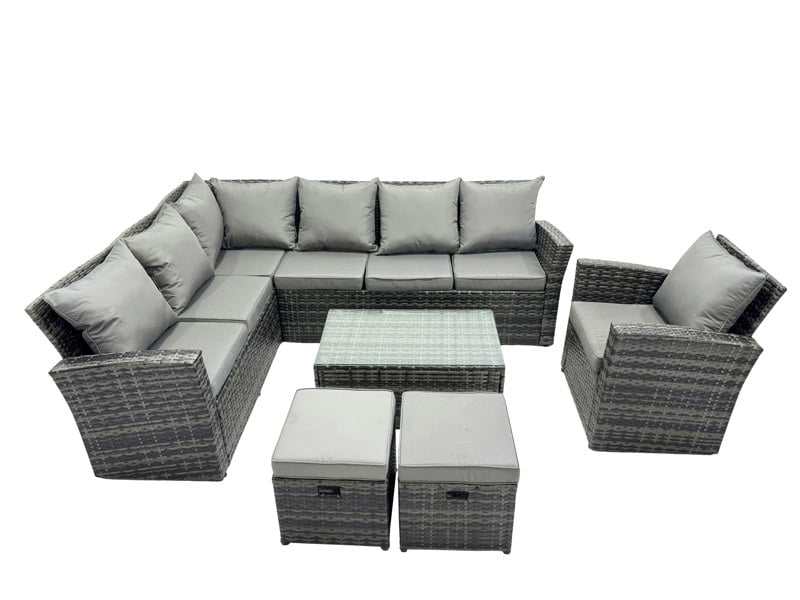 Fimous 9 Seater High Back Rattan Garden Furniture Set Corner Sofa With Oblong Coffee Table Footstool With Chair