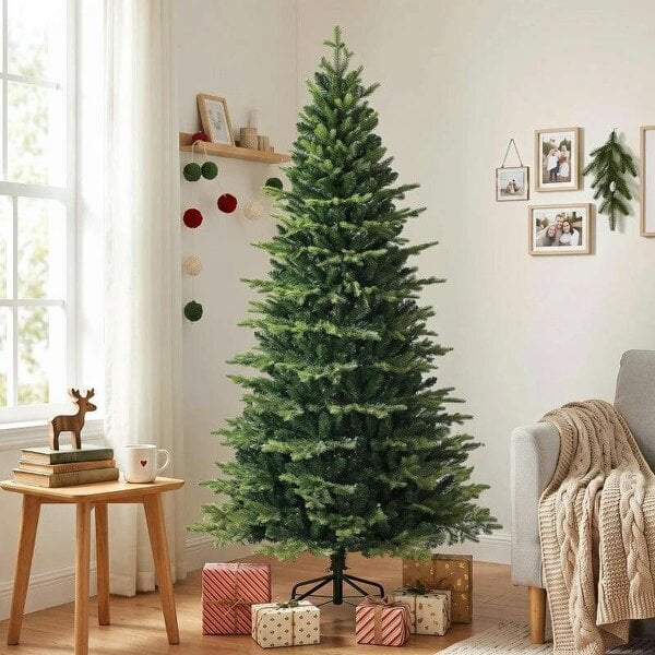 Bobobiy Geneva Fir Hinged Xmas Tree, 7ft/210cm Artificial Christmas Tree with 2079 Branch Tips, Foldable Steel Stand, Green