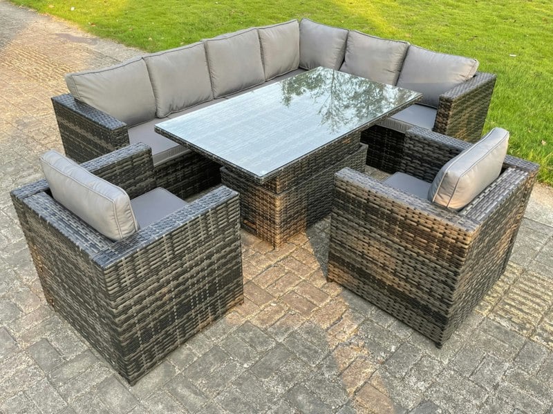 Fimous Dark Mixed Grey Outdoor Rattan Garden Furniture Sofa Set Rising Adjustable Dining Or Coffee Table 2 Chairs Patio Furniture Right Corner
