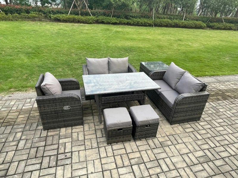 Fimous Lounge Rattan Sofa Set Outdoor Garden Furniture Oblong Rectangular Dining Table With Chairs Side Table 2 Small Footstools Dark Grey Mixed