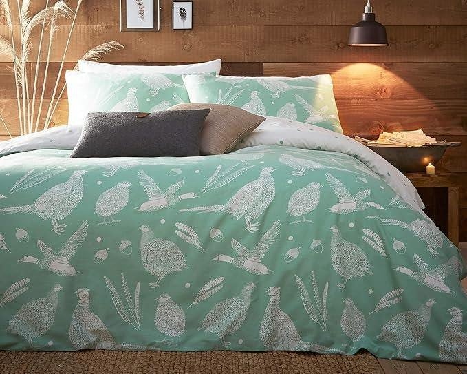 Creative Cloth Moorland Birds Double Duvet Reversible Set Green