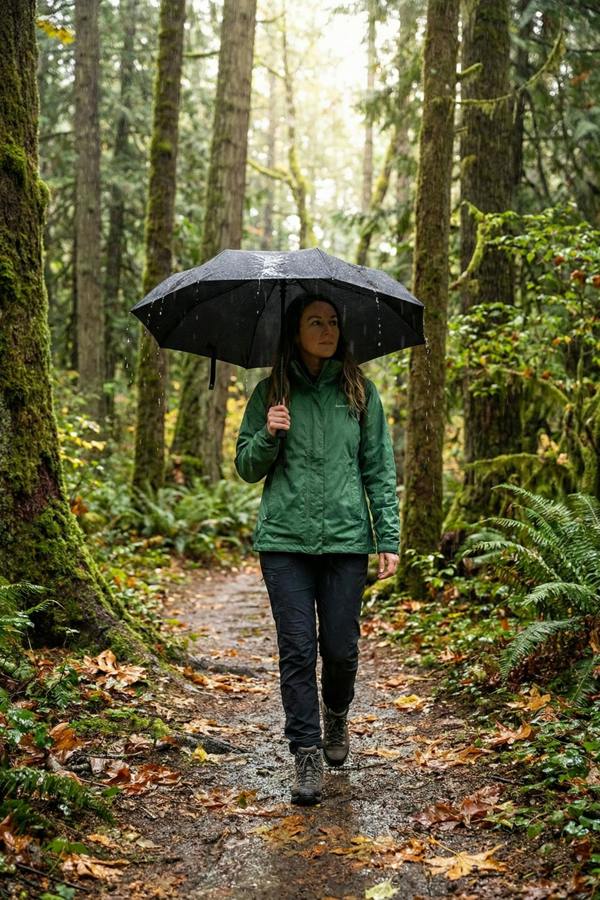 Woman holding open black Optimum compact umbrella on woodland trail in rain, lifestyle shot - Optimum