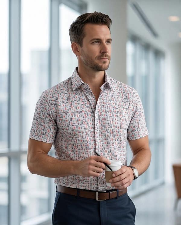 Pamoni Textured Grid Print Short-Sleeve Cotton Shirt