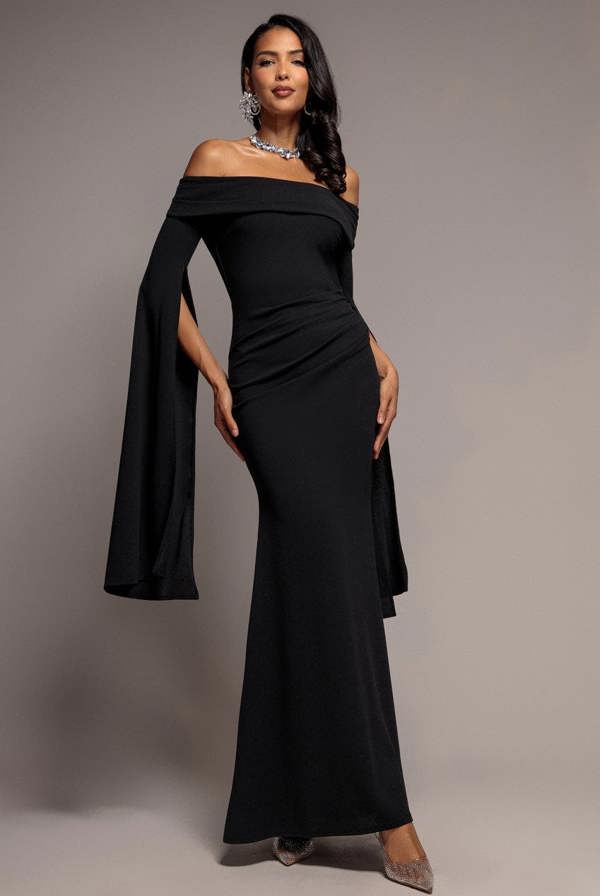 Off Shoulder Bardot Maxi Dress With  Split Cape Sleeves - Black DR5254