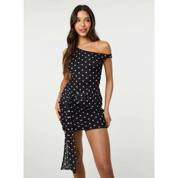 Pink Vanilla Polka Dot Tie Side Mesh Bodycon Dress
